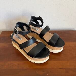 Steve Madden Black Leather Kirsten Cork Platform Strappy Sandals Womens 6M